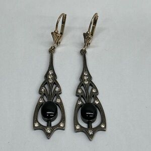 Art Deco Dangle Pierced Earrings Vtg Sterling Silver Black Onyx & Marcasite